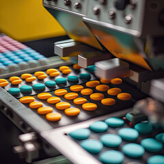 Pharmaceutical Production Line: Manufacturing Medication for a Healthier World. Close up. Generative AI.