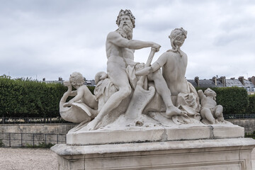 The ancient Sculpture in Paris Jardin des Tuileries (Tuileries garden). Garden was created by Catherine de Medici in 1564. Paris, France.
