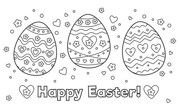 Coloring page 3 easter eggs with beautiful ornament vector black and white illustration isolated on white background. Text Happy Easter! Anti-stress coloring page with little details, flowers, hearts