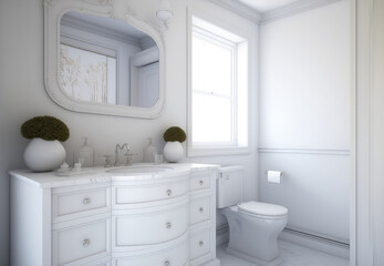 White bathroom interior with a dresser and toilet bowl. Generative AI