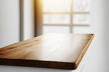 The wood table top on the abstract white background from the corridor of the building can be used to showcase or montage your merchandise. Generative AI