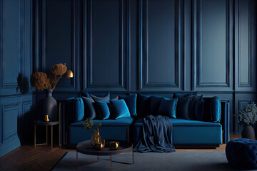 Modern interior design with copy space, dark blue colors created with AI