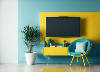 Sofa in front of the TV in yellow and blue living room. The concept of viewing movies and TV shows online with the whole family. . Generative AI
