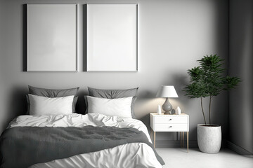 A double bed, multiple bedside tables, and a horizontally framed poster are all present in the gray interior corner of the bedroom. an angle. simulated toned image. Generative AI