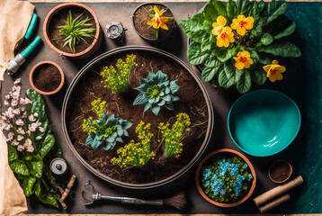 Fototapeta na wymiar flat lay plants in flower pots growing and repotting. Generative AI