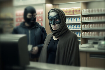 disturbing scene of adult woman working at supermarket checkout with robber in background. Generative AI - obrazy, fototapety, plakaty