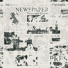 Obraz premium Vector seamless pattern with UK or London newspaper. Page of newspaper or magazine with headings, illustrations and unreadable text. Can be used as wallpaper, wrapping paper or fabric