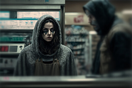 Disturbing Scene Of Adult Woman Working At Supermarket Checkout With A Man In Mask Or Robber In Background. Generative AI