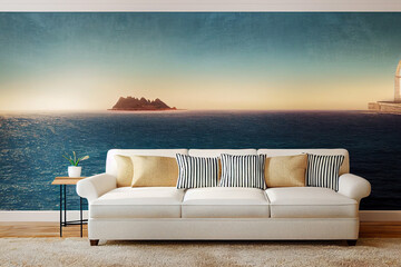 Fototapeta na wymiar sofa with small table and large wallpaper from the sea, concept made with Generative AI