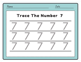 The trace line number for kindergarten and preschool kids. Write a seven. Vector illustration