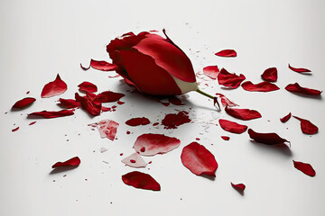 The ground was covered in stray red rose petals. white background, alone. Generative AI