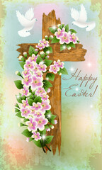Christian wooden cross with a white doves and cherry blossoms. vector illustration