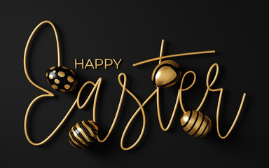 Happy Easter 3d gold lettering inscription. Easter decorative calligraphy