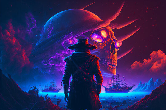 Pirate and planet in the shape of a skull. Generative AI digital illustration.	