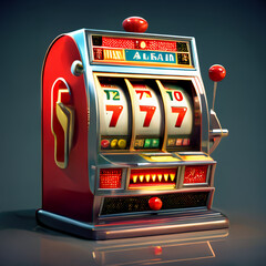Slot machine on a blue background with three sevens. Casino, high stakes game, one-armed bandit, win, prize, high resolution, illustrations, art. AI