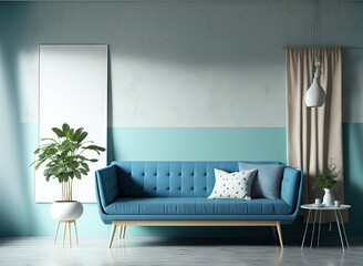 Nordic style interior with blue sofa and decoration minimal on two tone wall. Generative AI