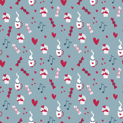 Valentine's day pattern. Endless ornament with love symbols on blue background. Romantic print. Vector illustration in retro colors.
