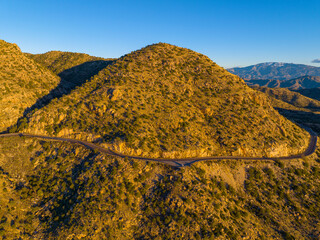 Mount Lemmon aerial view at sunset from Thimble Peak Vista in Pima County near Tucson, Arizona AZ,...