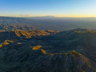 Mount Lemmon aerial view at sunset from Thimble Peak Vista in Pima County near Tucson, Arizona AZ,...