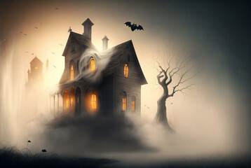 Fototapeta na wymiar halloween ghost house with fog, old wooden hut or old simple house. Generative AI