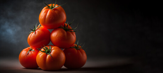 A close-up shot of a pile of ripe and juicy tomatoes arranged in a pyramid shape, with a shallow depth of field, to create a visually interesting composition. Generative AI