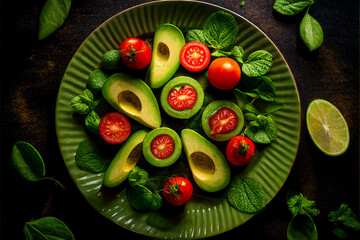 A diagonal shot of a plate of sliced avocados, tomatoes, and cucumbers, arranged in a visually interesting pattern, with a background of green leaves. Generative AI
