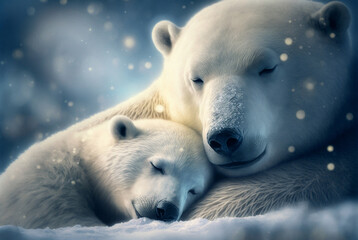cute polar bears, polar bear mama polar bear and offspring baby polar bear. Generative AI
