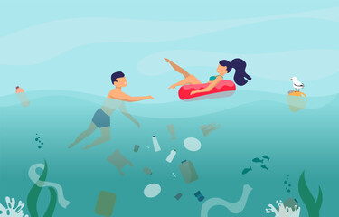a man and a woman swim in the sea among the garbage illustration 