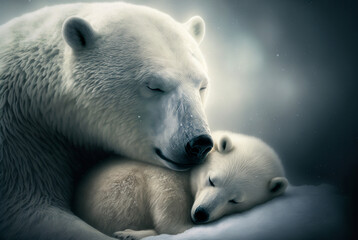 Obraz na płótnie Canvas cute polar bears, polar bear mama polar bear and offspring baby polar bear. Generative AI