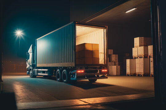 Modern truck filled with shipping boxes in a warehouse bay: logistics and delivery, Generative AI