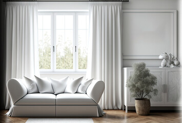Total white project draft, classic vintage living room. Fabric sofa, parquet and frame mockup. Farmhouse interior design, 3d illustration. Generative AI