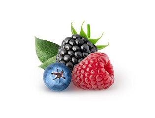Isolated beries. Blueberry, blackberry, raspberry fruits isolated on white background with clipping path