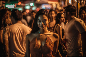 an attractive young woman in an Asian fictional country in an evening dress, seductively going out or getting to know, a large crowd in a street or bar or a fictional tourist spot. Generative AI