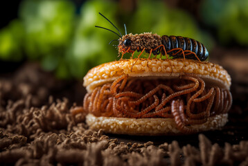 an insect beetle hamburger with green salad, burger made of beetles or meal worms, insect meal or similar, fictitious insects. Generative AI