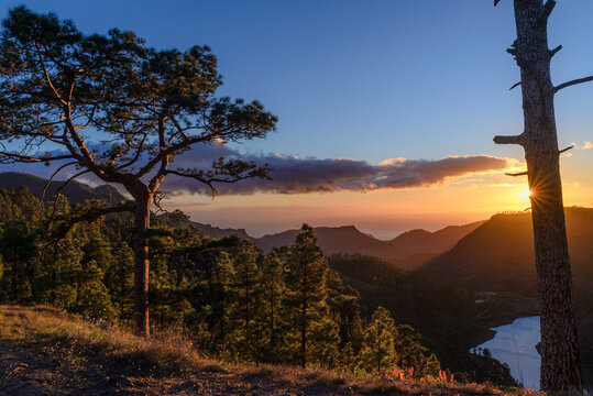 Aerial view of Presa del Mulato at sunset, Gran Canaria, Canary Islands, Spain
