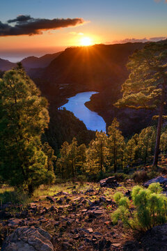 Aerial view of Presa del Mulato at sunset, Gran Canaria, Canary Islands, Spain