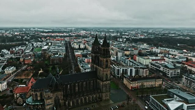 Aerial view of Magdeburg Cathedral (Dom zu Magdeburg) , Magdeburg, Saxony-Anhalt, Germany,