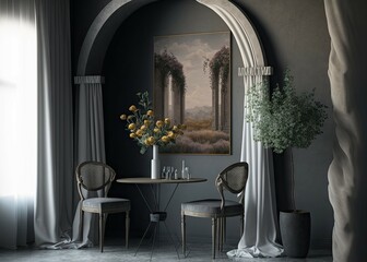 Elegant interior with an illuminated vertical poster next to an archway to a dining room, flowers in a vase on a coffee table between two elegant chairs, and a floor lamp near gray curtains