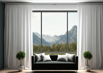 Big wide panoramic window mockup with white curtains. Generative AI