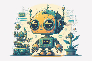 Robot Cartoon, cute robot character, AI, Artificial intelligence, illustration, graphic art, drawing, adorable, kids, boys, cheerful, colorful, abstract, technology, yellow, blue, poster, print