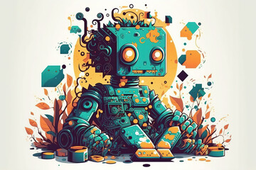 Robot Cartoon Vector, cute robot character, AI, Artificial intelligence, illustration, graphic art, drawing, adorable, kids, boys, cheerful, colorful, abstract, technology, blue robot, poster, print