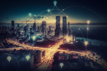 Fototapeta na wymiar Telecommunication connections above smart city. Futuristic cityscape concept for internet of things (IoT), fintech, blockchain, 5G network, wifi hotspot access, cyber security, digital technology, AI