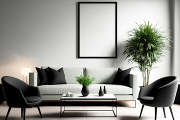 Mockup of blank black frames in a contemporary minimalist living room with a gray sofa, chairs, and coffee table; background of a living room in a modern, furnished style;. Generative AI