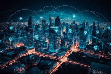 Obraz premium Telecommunication connections above smart city. Futuristic cityscape concept for internet of things (IoT), fintech, blockchain, 5G network, wifi hotspot access, cyber security, digital technology, AI