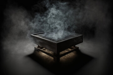 Smoke is present on a gray textured concrete platform, podium, or table. Generative AI