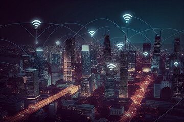 Telecommunication connections above smart city. Futuristic cityscape concept for internet of things (IoT), fintech, blockchain, 5G network, wifi hotspot access, cyber security, digital technology, AI