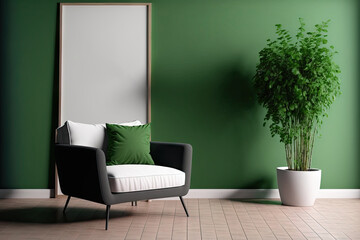 Room with green wall and wooden floor with gray modern armchair. Bright room interior mockup. Empty room for mockup. Generative AI