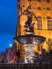 Neptune's Fountain at night, Danzig, Poland © Roman Milert