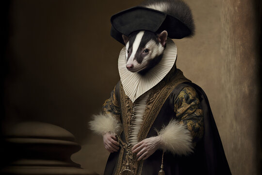 Created with Generative AI technology. portrait of a badger in renaissance clothing