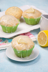 Step by step cooking poppy seed cupcakes on a blue background. Vertical photo.